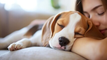 Obraz premium A peaceful moment of a person resting with a sleeping dog on a cozy couch.