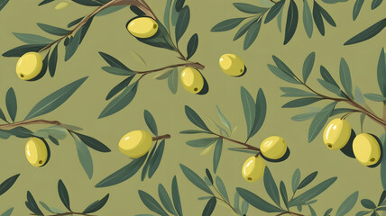 Elegant olive branch pattern wallpaper with vibrant yellow olives on a soft green background for desktop or slides