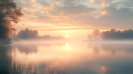 Serene Sunrise Over Misty Lake with Gentle Reflections and Warm Sky