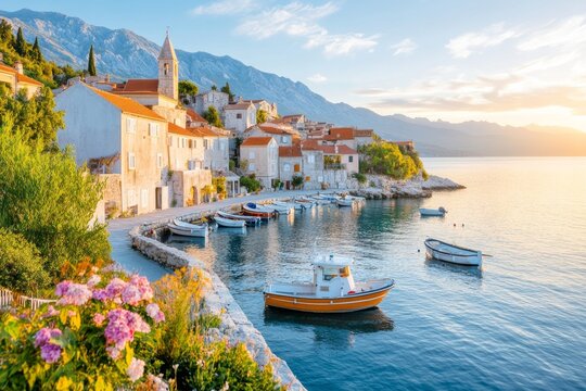 A panoramic view of Kvarner Bay with fishing boats dotting the crystal-clear waters, surrounded by lush hills