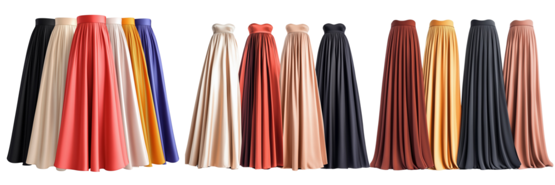 Set of A summer midi pleated skirt laid flat on a clean white background, showing its elegant A-line silhouette and vibrant fabric texture on transparent png background - Powered by Adobe