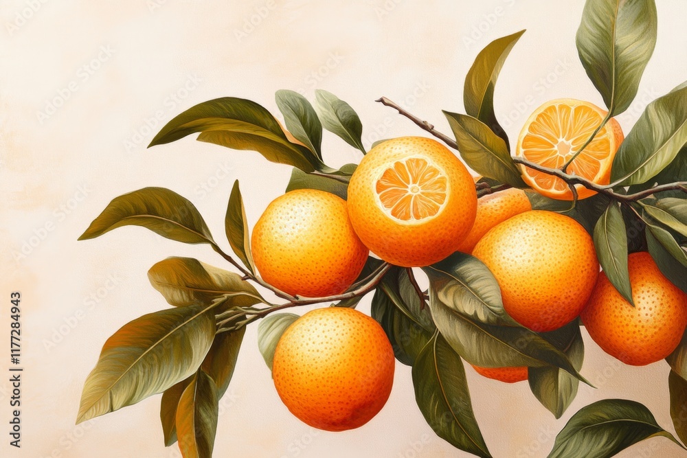 Poster a pixel art depiction of a kumquat branch, with bright blocky oranges and green leaves against a sim