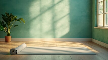 Serene atmosphere with a grey yoga mat laid out on a warm wooden floor, inviting relaxation and mindfulness.