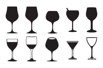 Vector icon set of utensil. cocktail  glasses , Isolated sign glass of wine on white background. Vector illustration. set of Minimalist wine glass icon silhouette