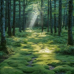 Obraz premium Sunbeams illuminate mossy path through tranquil forest at sunrise