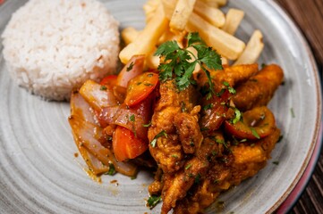 Crispy Fried Chicken with Rice and Fries