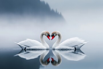 A scenic shot of two swans forming the shape of a heart with their necks, surrounded by a serene lake