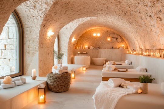 A relaxing spa setting with traditional Turkish hammam in KuÅŸadasÄ±, adorned with marble interiors and candlelight