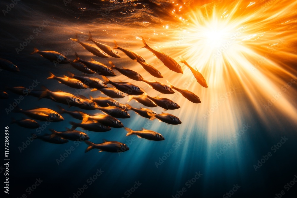 Poster A school of krill swimming in a deep blue ocean, creating a mesmerizing pattern as light filters through the water