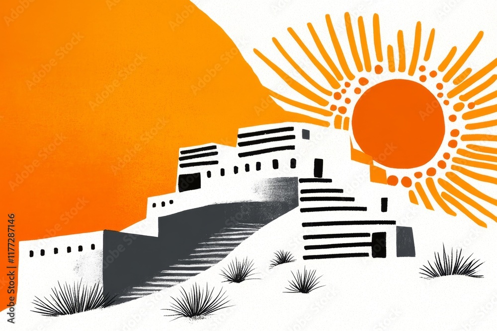 Aufkleber a simple line art depiction of a ksar, with clean geometric shapes representing the granaries and wa