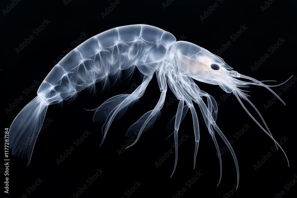 Poster a simple line art depiction of a single krill, with clean, geometric shapes and translucent detailin