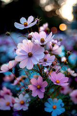 Vibrant field of multicolored flowers stretching endlessly under clear blue sky, low-angle panoramic view