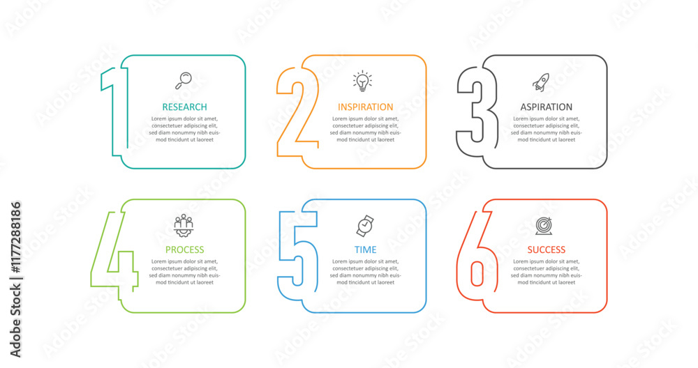 Fototapete Vector template infographic with number and columns line style. 6 step process table for business presentation, banner information, workflow and web graphic design 