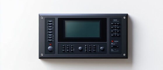 a black control panel with various buttons and a screen