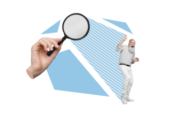 Creative photo collage of elderly retired man standing under hand hold magnifying glass bright ray isolated on blue color background