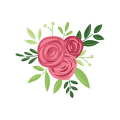 Fototapeta premium Bouquet of three red rose flowers with leaves isolated on white background. Hand drawn vector illustration in flat style. Wedding bouquet, love gift, happy Valentines day design, greeting card