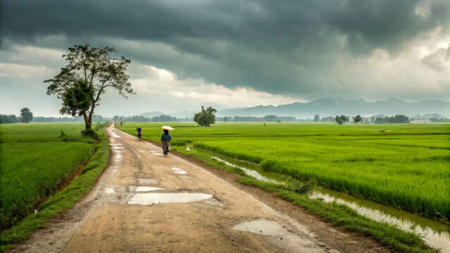 The country road stretches ahead, winding through lush green rice fields that merge with the horizon. Rain and puddles. Peace and tranquility.