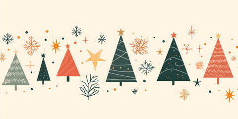 Festive Christmas trees with stars and snowflakes in minimalist design. Perfect for holiday decorations and seasonal celebrations, creating joyful atmosphere