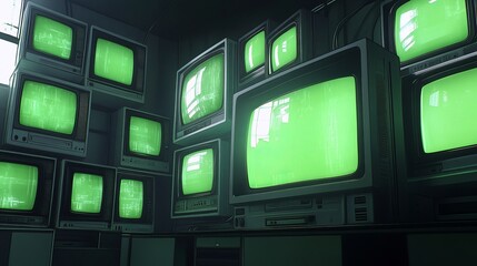 Vintage old televisions with chroma key green screen