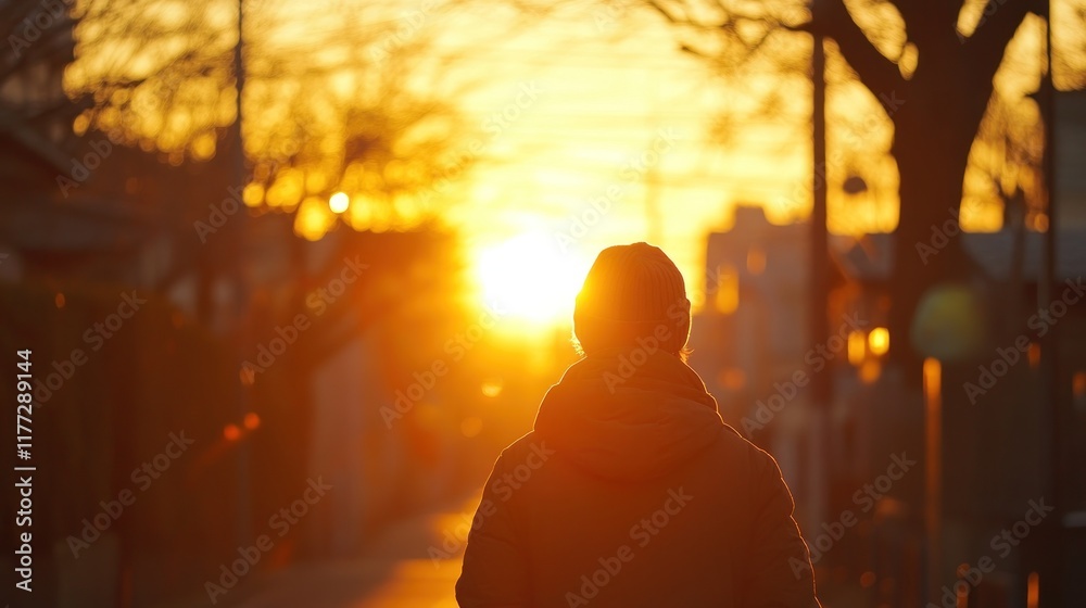 Poster a person walking towards a sunset, surrounded by trees and a serene environment.