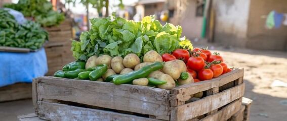 Fresh produce in wooden crate at outdoor market.