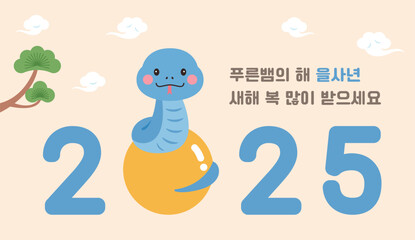 Fototapeta premium Poster illustration of a cute snake character on a ball against a pine tree and clouds background as a New Year banner for 2025. It says 