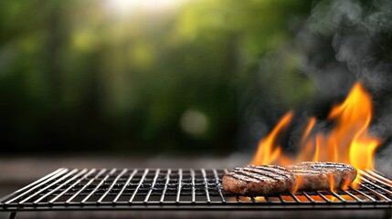 Sizzling burgers are grilled over open flames in a vibrant backyard, creating a perfect ambiance for summer outdoor parties