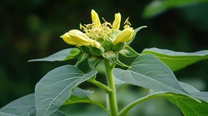 Fototapeta premium Close-Up of Yellow Sunflower Bud Surrounded by Green Leaves in Natural Setting