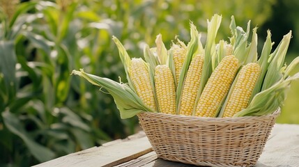 Fresh corn on the cob in a woven basket outdoors.