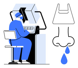 Healthcare worker operating high-tech machine, nasal abstraction with droplets. Ideal for healthcare, medical technology, diagnostics, ENT, surgery, health services graphic design. Abstract line