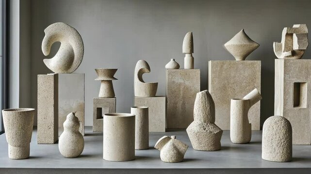 Modern abstract sculptures displayed on a minimalistic shelf in a contemporary gallery environment
