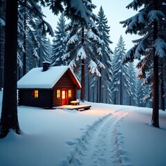 Fototapeta premium Warm glow from chimney of secluded cabin in snow-covered woods, peaceful, warm, winter