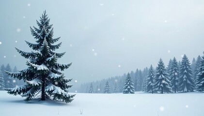Fototapeta premium Trees stood solitary against a grey sky covered with a layer of ice and snowflakes gently falling, serene, peaceful, forest