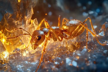 Macro shot of a rare golden ant, its delicate body glimmering with metallic hues, walking on a crystalline mineral surface, showcasing intricate details of its anatomy under dramatic lighting