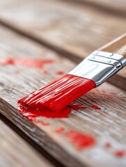 Red paintbrush on weathered wood plank.