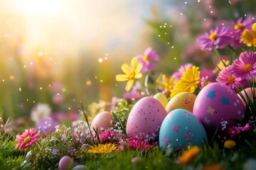 Easter eggs hiding in the grass surrounded by colorful flowers in spring sunlight