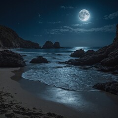 A moonlit beach with the ocean glowing under the soft light of the full moon.