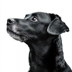 close up of a black labrador dog looking up