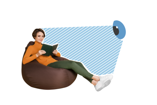 Collage photo of young interested positive charming lady sitting beanbag relax reading novelty hobby eye looking her isolated on blue color background