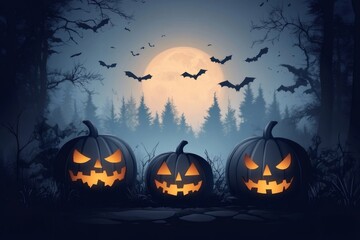 Halloween pumpkins lighting up spooky forest at night with full moon and bats