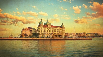 Naklejka premium A picturesque waterfront building reflecting in calm waters under a colorful sky.