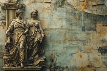 Obraz premium Two elegant female classical figures sculptures with newspaper background texture