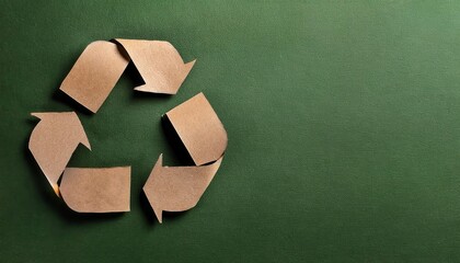 Eco friendly brown recycled paper arrows forming a recycling symbol on textured green background emphasizing sustainability concepts