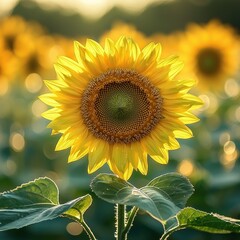 Naklejka premium Single sunflower blooming in field at sunset, background blurred with glowing bokeh