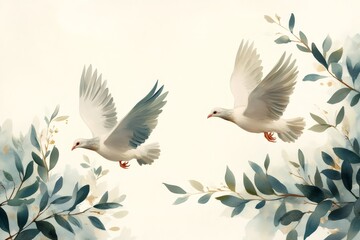 Fototapeta premium Two white doves flying between green watercolor leaves painting
