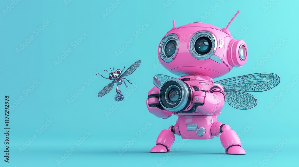 Poster a pink robot with wings holds a camera, capturing a flying insect in a vibrant setting.
