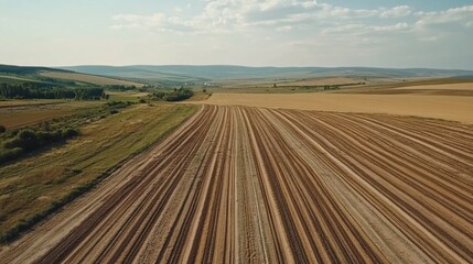 Fototapeta premium Aerial View of Vast Agricultural Fields with Beautiful Striations and Landscape