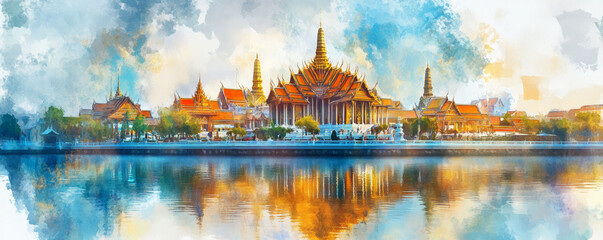 Obraz premium Grand palace reflected in still water during serene morning, showcasing stunning architecture and vibrant colors, creating peaceful atmosphere