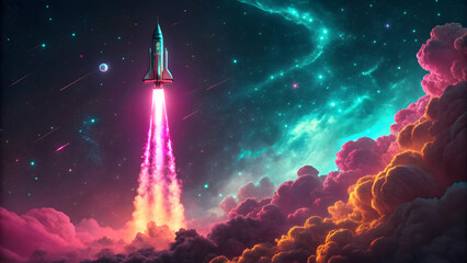 Rocket Launching into a Colorful Cosmic Space with Vibrant Clouds