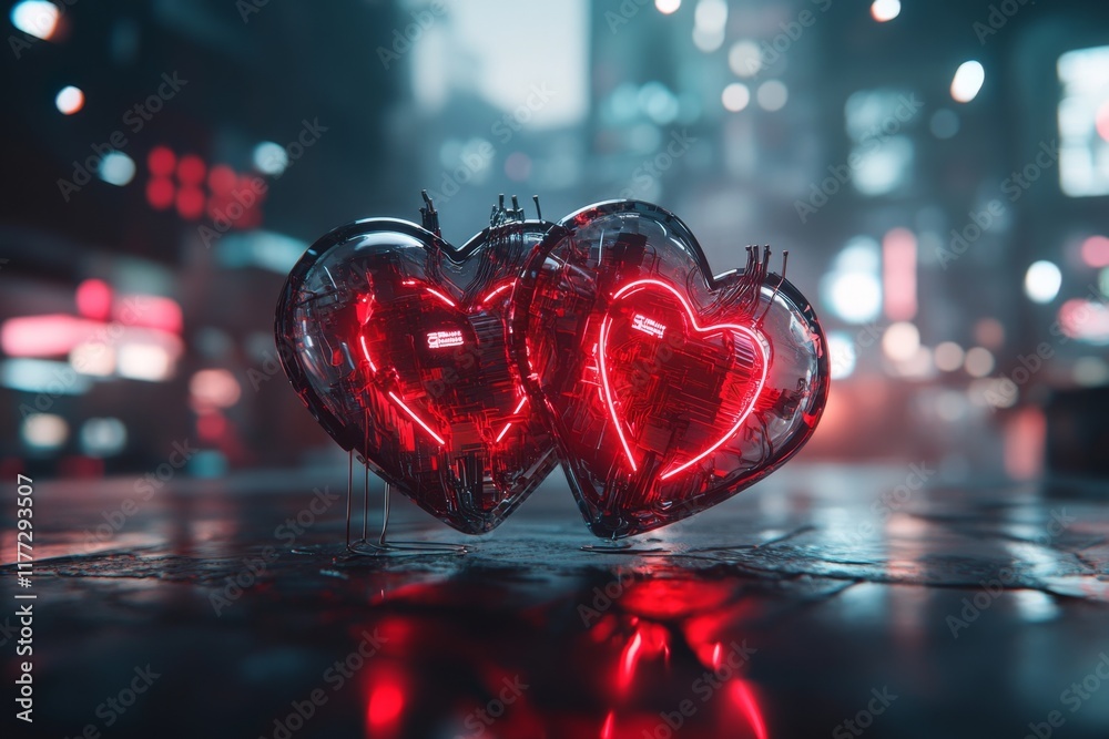 Poster two glowing cyberpunk-style hearts connected by pulsating neon wires, set in a futuristic cityscape 